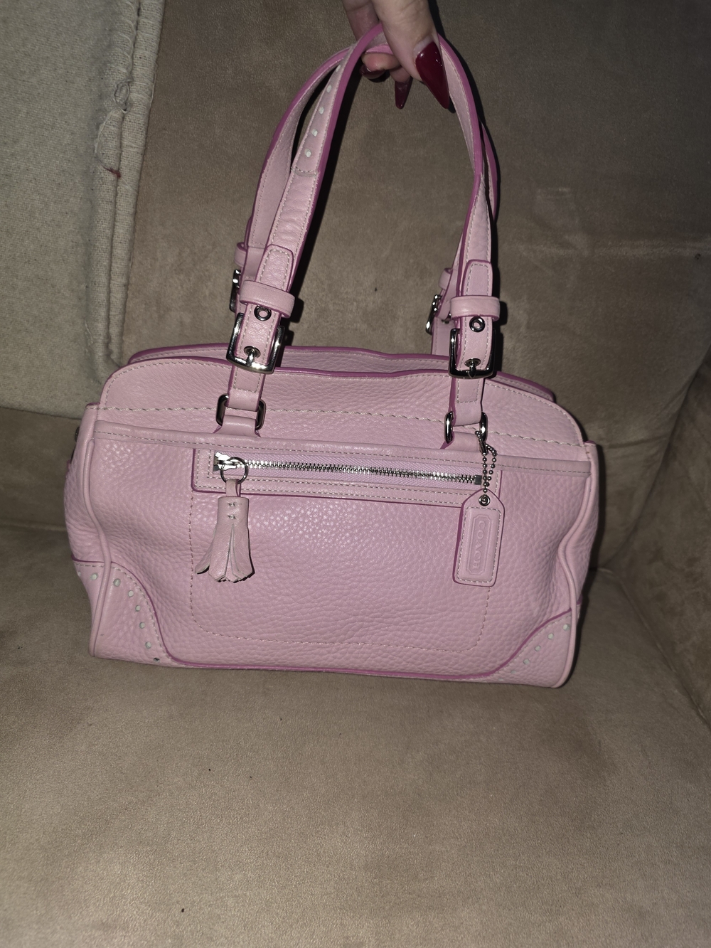 Coach Vintage Hampton Pink Pebbled Leather Satchel W Contrast Perforated Detail